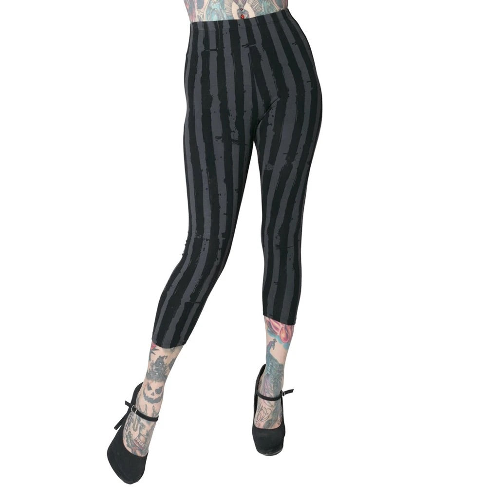 Stripe Grey Distressed Capri Leggings