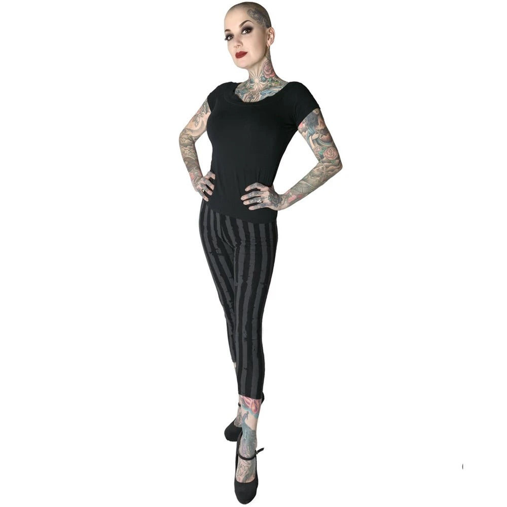 Stripe Grey Distressed Capri Leggings