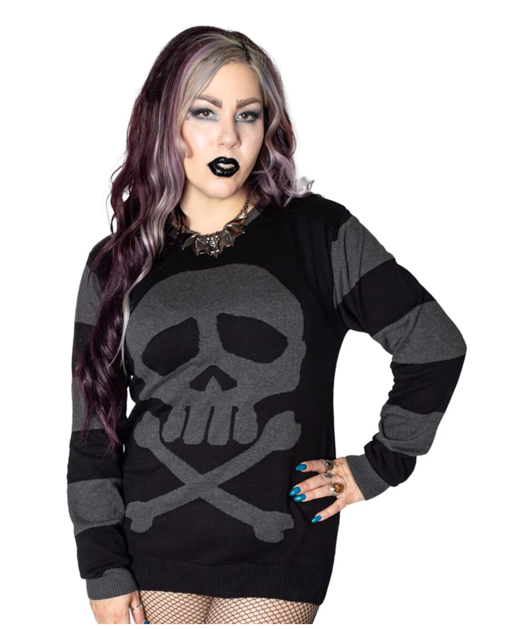 Harlock Skull Grey Striped Sweater